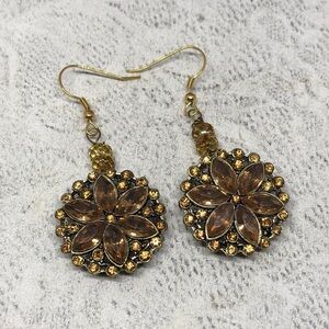 Upcycled artisan dazzling flower earrings formal dressy dangle drop statement.